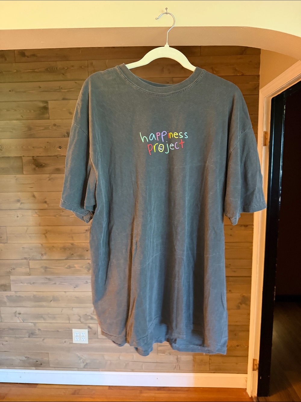 Express Men's Charcoal Short-Sleeve Tee with Multicolor 'Happiness Project' Logo